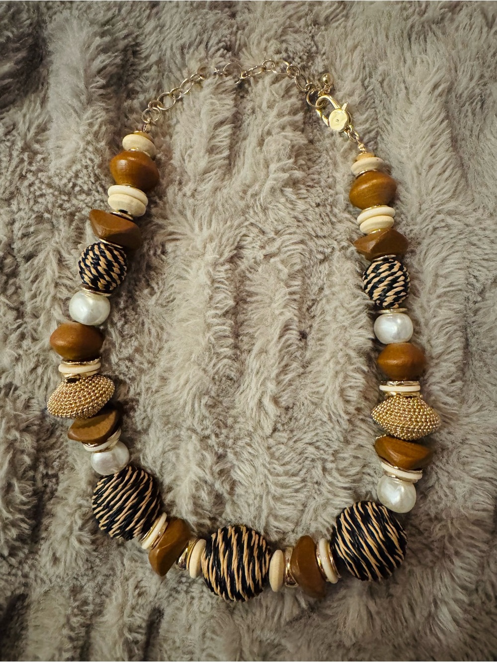 Chico's Brown and Cream Mixed Bead Statement Necklace